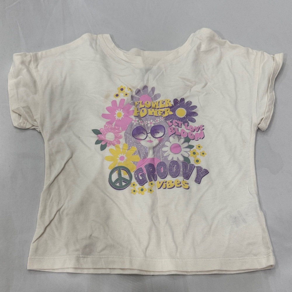 Flower Power Kids Tee - Cream with Purple and Pink
